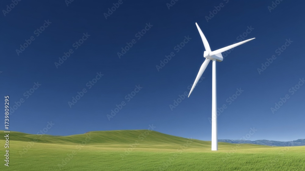 Fototapeta premium A large white wind turbine stands tall in the center of vast green grasslands under a clear blue sky,