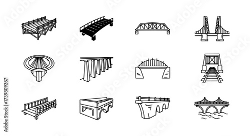 Diverse Bridges Hand-Drawn Vector Icons of Different Styles and Structures