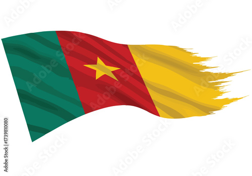 Dynamic Cameroon flag waves proudly with a distressed, tattered edge symbolizing resilience and national spirit.