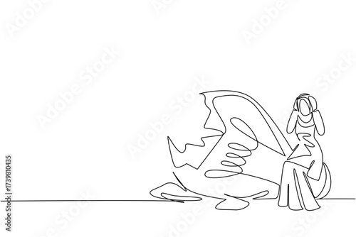Single continuous line drawing Arab businesswoman sits on broken lightbulb with both hands holds head. Regret failure. Deep wound. Lament. National Creativity Day. One line design vector illustration