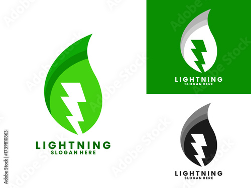 lightning combination with elegant leaves logo design vector template