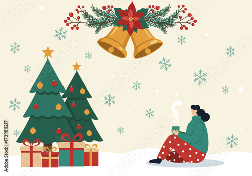 Christmas tree with gifts and snowflakes, a woman is sitting down enjoying a cup of hot tea, vector illustration