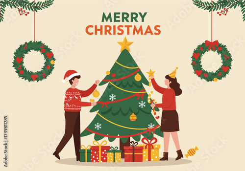 A cozy home scene with a decorated Christmas tree and gifts