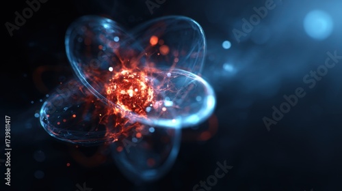 Abstract depiction of a glowing atom structure with vibrant colors in a dark background for science and technology themes