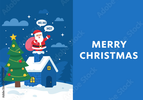 Santa Claus is on top of the house to deliver Christmas presents, vector illustration