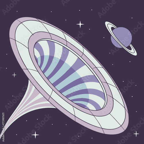 Cosmic black hole illustration with a planet and stars in deep space