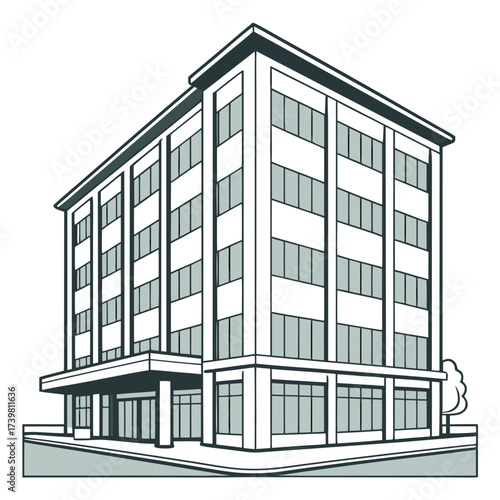 Line art illustration of a multistory building