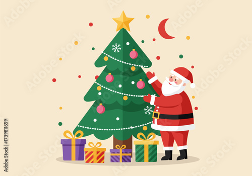 Santa Claus is decorating the Christmas tree, vector illustration