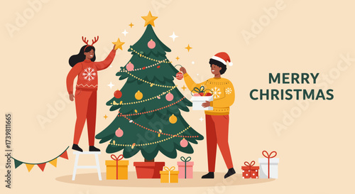 A vibrant cartoon illustration set of a Christmas tree with gifts and holiday decorations including the family