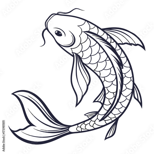 Detailed line art illustration of a koi fish