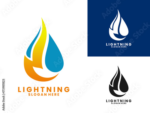 lightning combination with water droplets logo design vector template. Water Thunder logo design vector