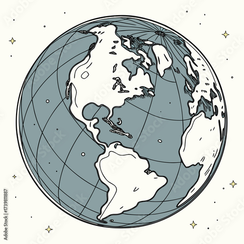 Illustration of earth globe showing continents and oceans on light background