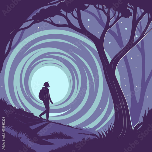 Illustration of a person walking towards a portal in a forest at night