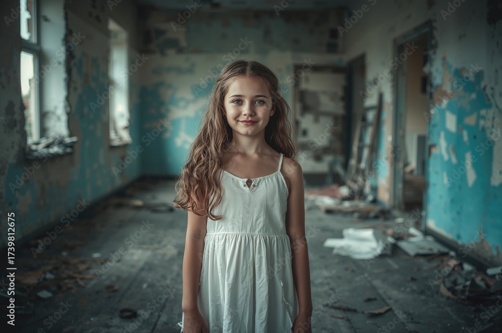 Naklejka premium Young girl with long hair wearing a white dress standing in a dilapidated room with peeling paint and debris on the floor, natural light illuminating the scene.