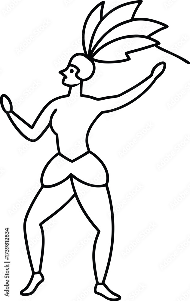 Fototapeta premium carnival dancer with feather headdress outline vector illustration on transparent background