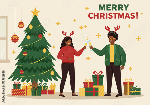 A beautiful Christmas tree with gifts and decorations is a festive illustration of the winter holiday season