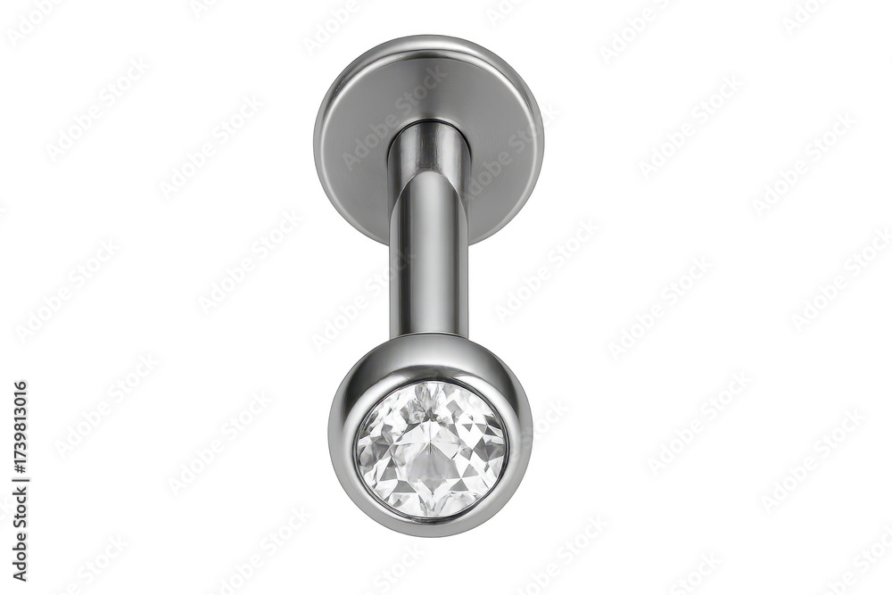 Obraz premium Silver body piercing with clear faceted gem, isolated on transparent.