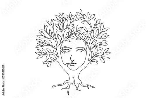 Continuous one line drawing a broadleaf tree with the middle of the trunk forming the silhouette of a face. Natural artificial intelligence. Tree Concept. Single line draw design vector illustration