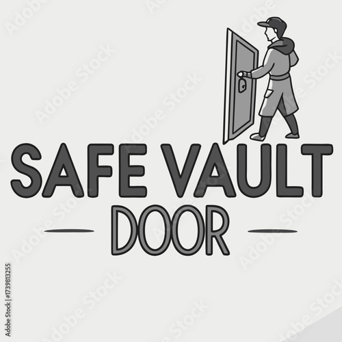 Illustration of a safe vault door with a man carrying it isolated on white