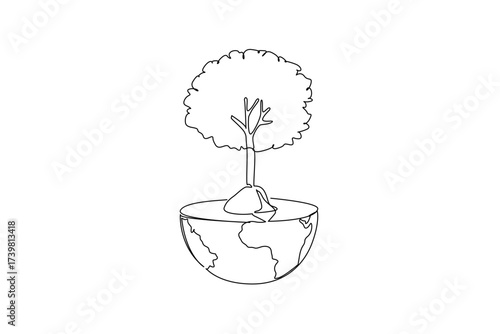 Continuous one line drawing trees grow on half the globe. The symbolism of half of the earth dense and green plants. Protects from dirty air. Tree Concept. Single line draw design vector illustration