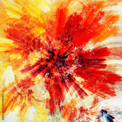 Paint explosion. Bright background with splashes. Abstract red art. Vibrant p...