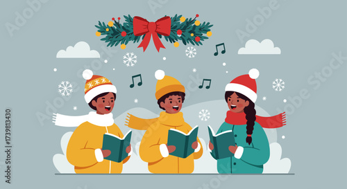 Christmas group of children in winter clothes singing in the snow with a snowman and tree in a cartoon vector illustration