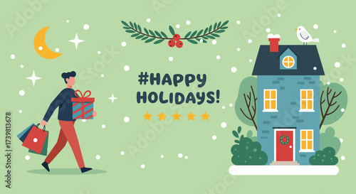 A cartoon vector illustration set for a happy Christmas holiday featuring a man, a decorated house, and gifts in the snow