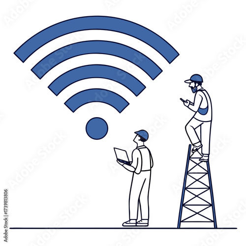 Two technicians working on a wifi tower