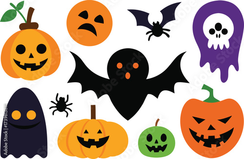 Vector halloween collection spooky pumpkins ghosts bats spiders scary icons eps scalable illustration