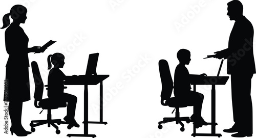 Classroom silhouette, teacher and student interaction, educational setting,  learning environment, adult guidance, child engagement, school desk, office chair, vector illustration