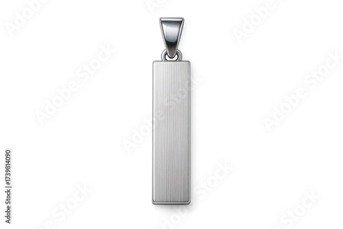 Sleek brushed silver rectangular pendant, isolated on transparent background