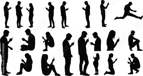 Mobile phone silhouettes, people using smartphones, digital addiction concept, modern lifestyle icons, technology poses, vector illustration for stock content