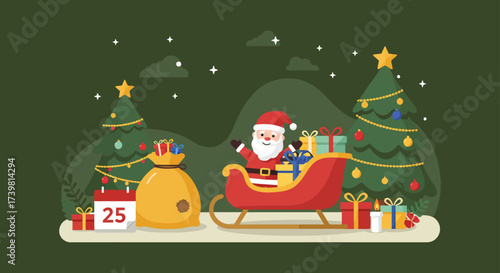 Christmas presents prepared by Santa Claus on his sleigh, vector illustration