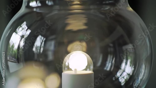 Close-up of a glowing lightbulb encased within a clear, spherical glass enclosure, reflecting a blurred indoor scene
