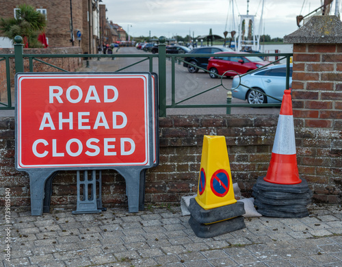 Red Sign Informing road ahead closed