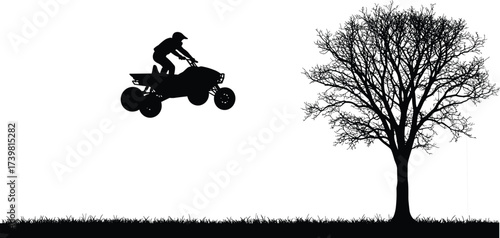 ATV rider silhouette, airborne jump, extreme sport vector, tree with rope swing, outdoor adventure, black and white, dynamic motion, nature contrast