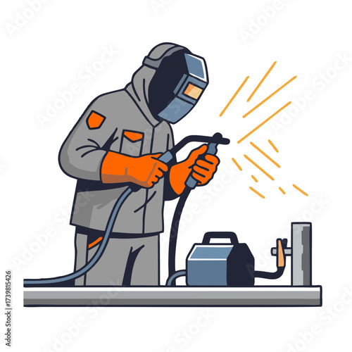 worker using welding machine with sparks.