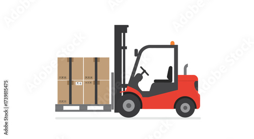 Red Forklift Truck Lifting Pallet with Cardboard Boxes Illustration.