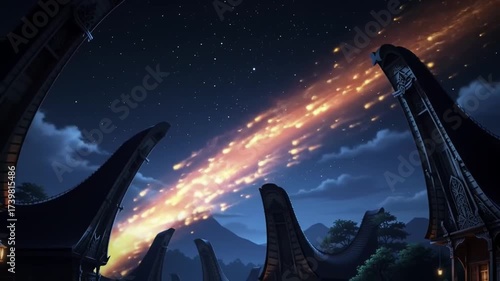 Fiery night sky over traditional houses