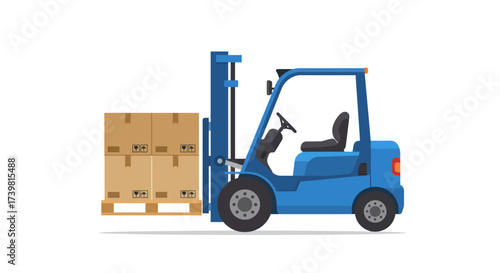 Blue Forklift Truck Lifting Stacked Cardboard Boxes on Pallet.