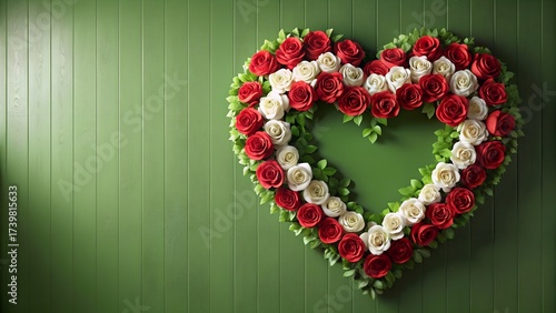 Heart shaped floral wreath of red and white roses on a green wooden background