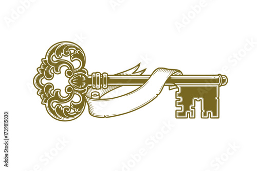 Vector Neo-Traditional Blackwork: Skeleton Key with Banner	