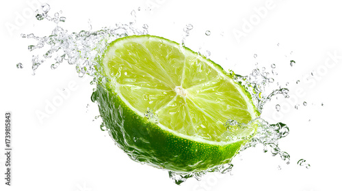 Fresh green lime slice with water splashing capturing vibrant color and dynamic motion, isolated on white background.