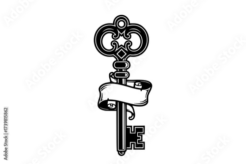 Vector Neo-Traditional Blackwork: Skeleton Key with Banner	