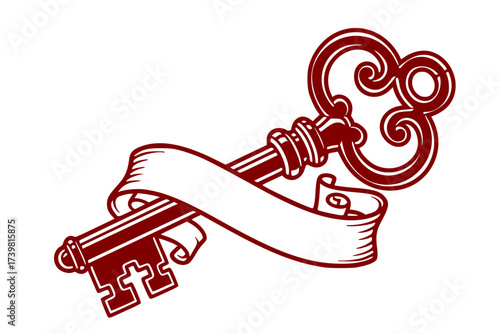 Vector Neo-Traditional Blackwork: Skeleton Key with Banner	