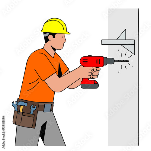 handyman using electric drill on wall, tool belt