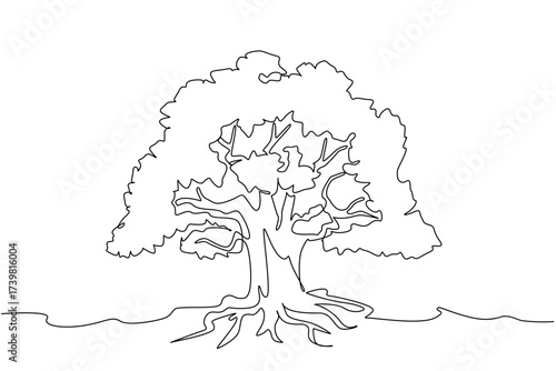 Single continuous line drawing large tree with shady leaves and branched roots. Fertile soil helps trees grow until they are shady. Dense banyan tree. Tree Concept. One line design vector illustration