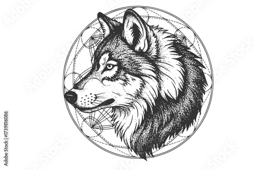 Vector Dotwork/Stipple: Wolf Profile in a Sacred Geometry Frame	