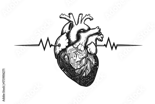 Vector Blackwork: Human Heart Integrated with Circuitry	