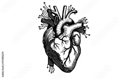 Vector Blackwork: Human Heart Integrated with Circuitry	